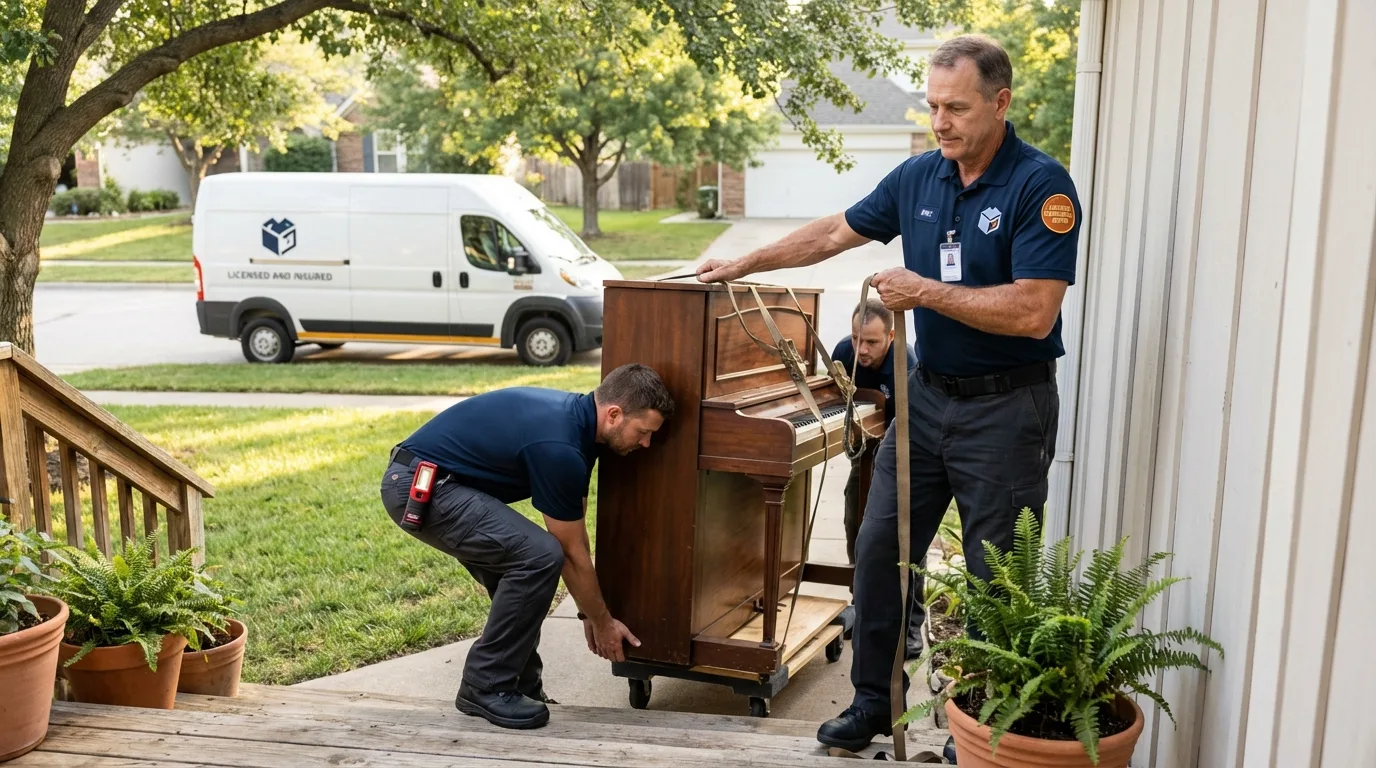 Licensed piano movers securing grand piano in Saltillo, MS