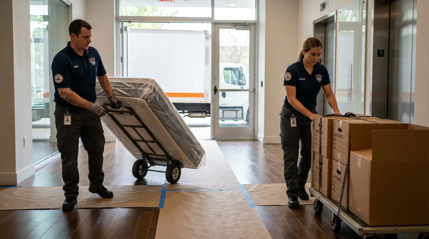 Professional apartment movers loading elevator in Saltillo, MS